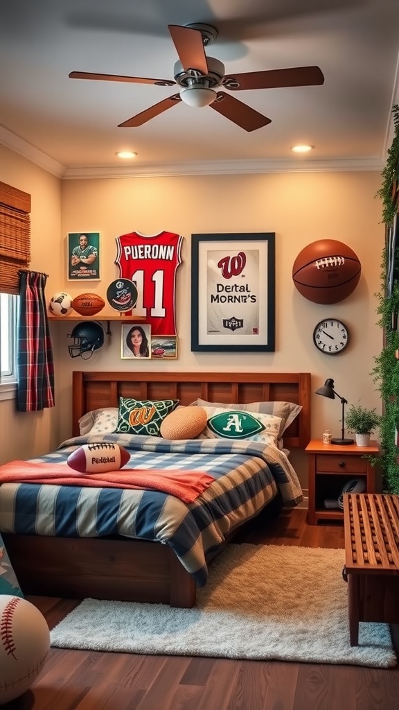 A kid's bedroom decorated with sports memorabilia including jerseys, balls, and framed photos.