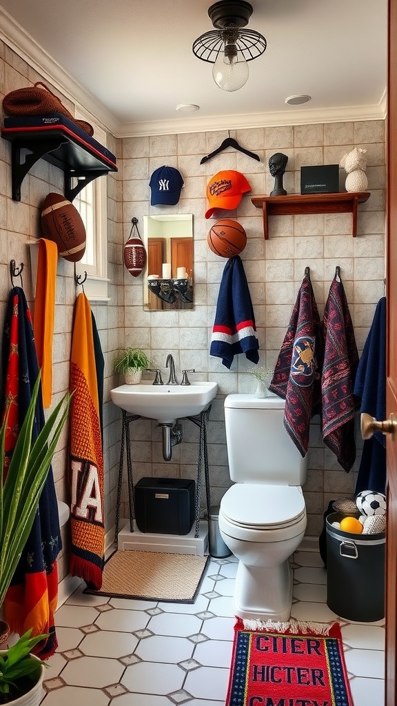 A kids bathroom decorated with sports memorabilia including jerseys, hats, and a basketball.