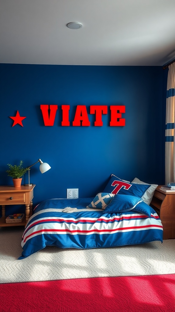 A bedroom decorated in sports team colors featuring a blue wall, red accents, and sporty bedding.
