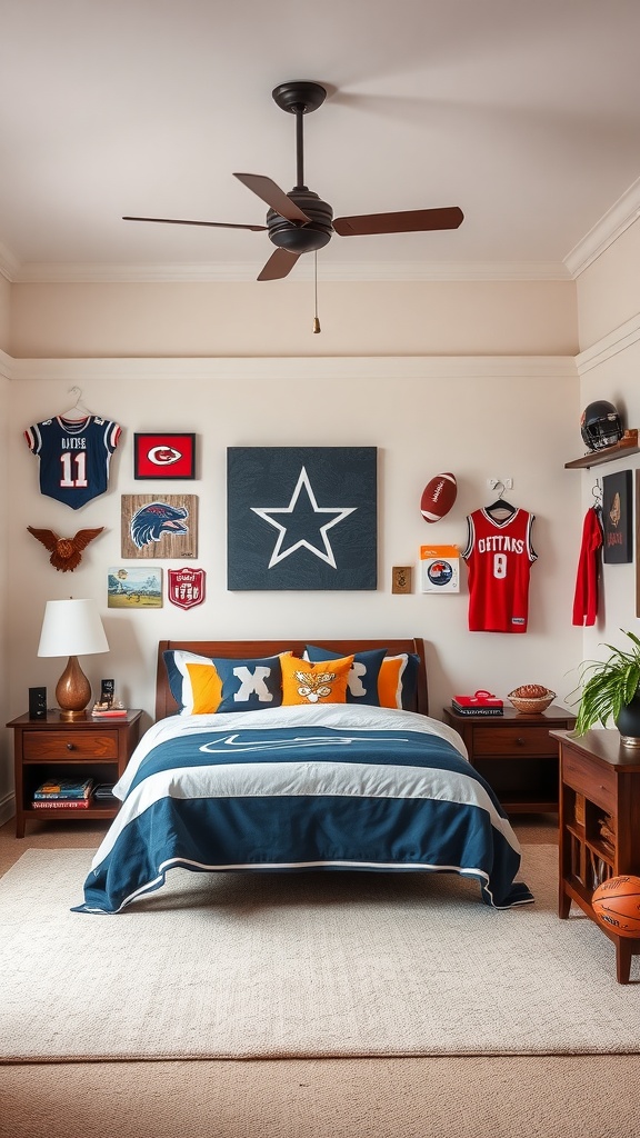 A teen boy's bedroom decorated with sports team jerseys and memorabilia.