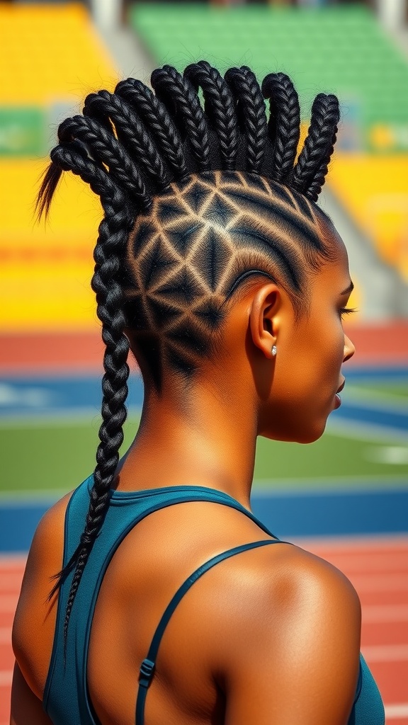 Sporty braided mohawk hairstyle with intricate shaved patterns on the sides