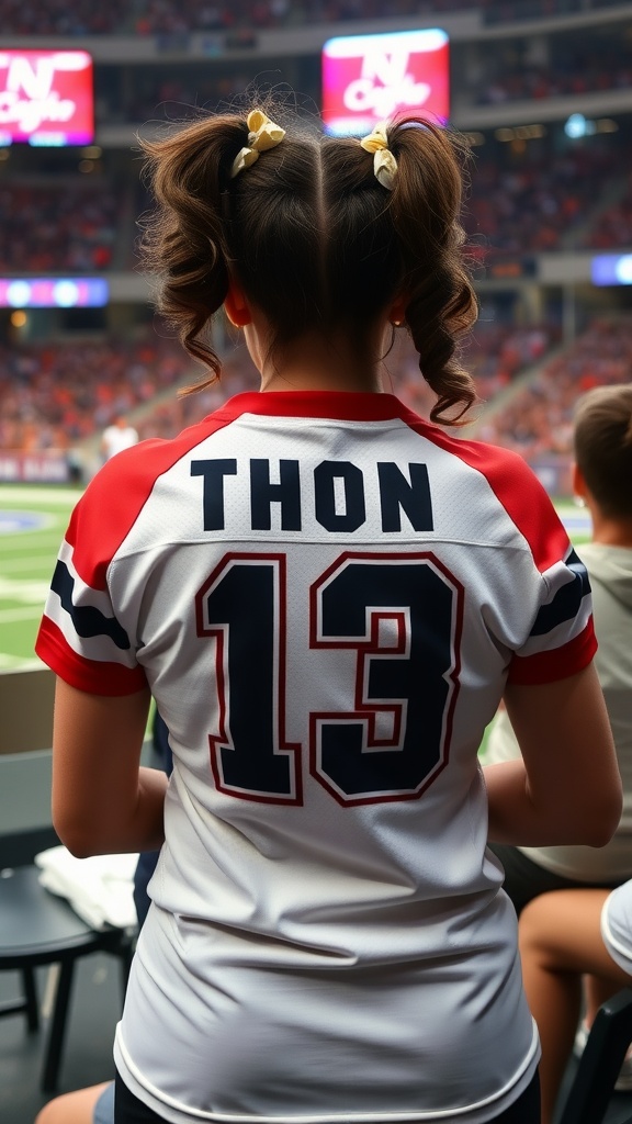 A young girl wearing a sporty cheer mom jersey with the name 'THON' and the number '13' on the back, with a crowd in the background.
