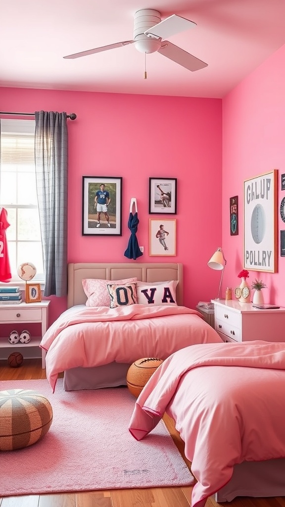 A sporty chic themed pink bedroom featuring two beds, sports decor, and vibrant colors.