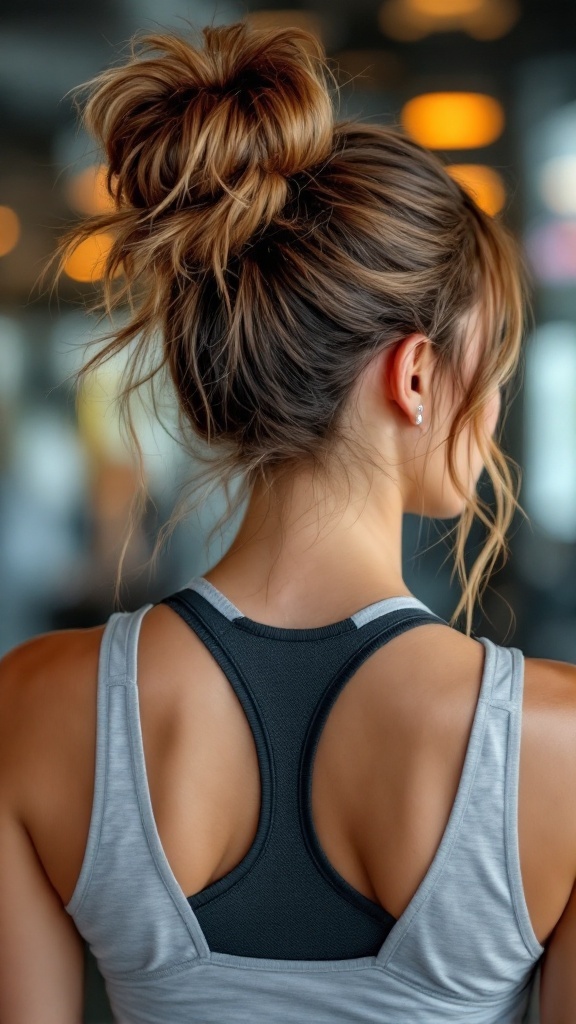 A woman with a sporty half up half down bun hairstyle, wearing a grey tank top, showcasing a relaxed and active look.