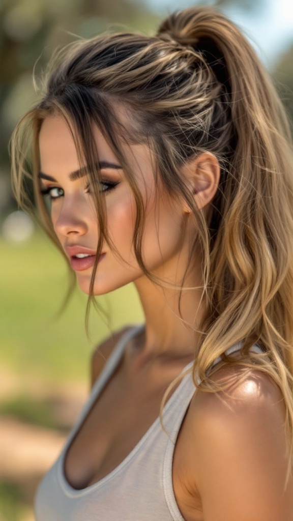 A woman with a sporty half up half down hairstyle, showing a playful ponytail with loose strands framing her face.