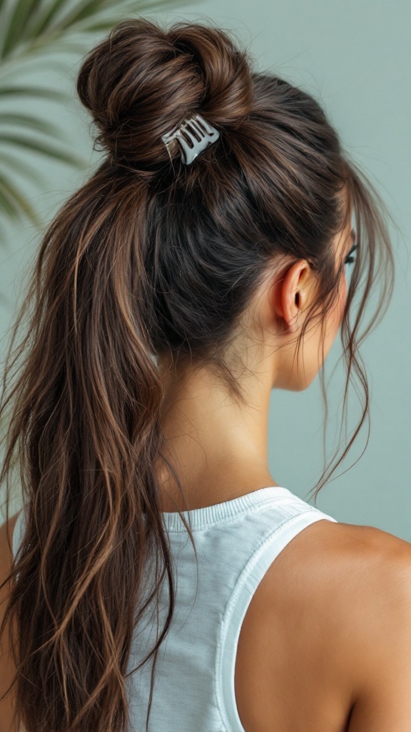 A woman with long hair styled in a sporty high bun using a claw clip.