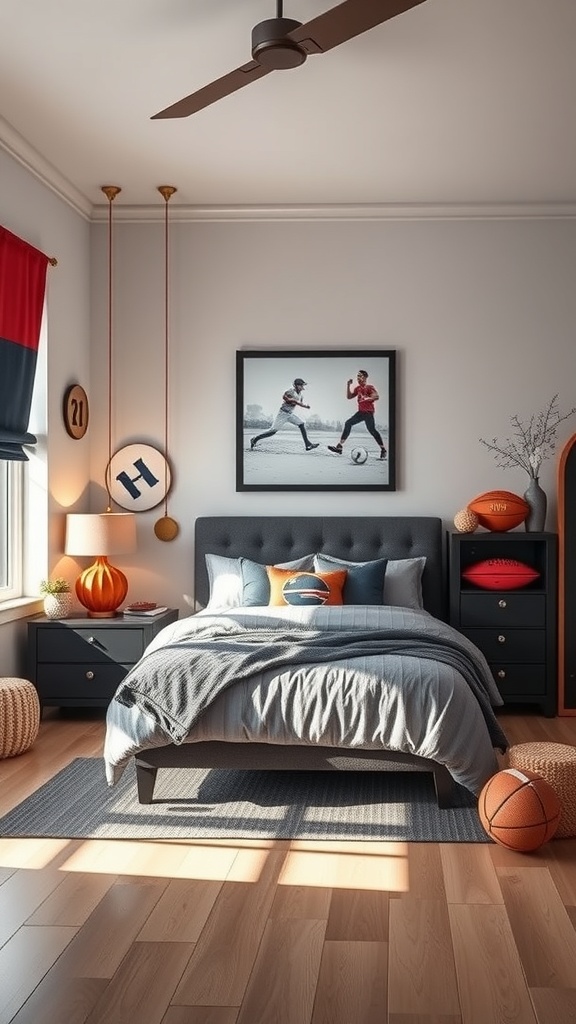 A sporty bedroom with gray bedding, colorful pillows, sports memorabilia, and a large framed photo of athletes.