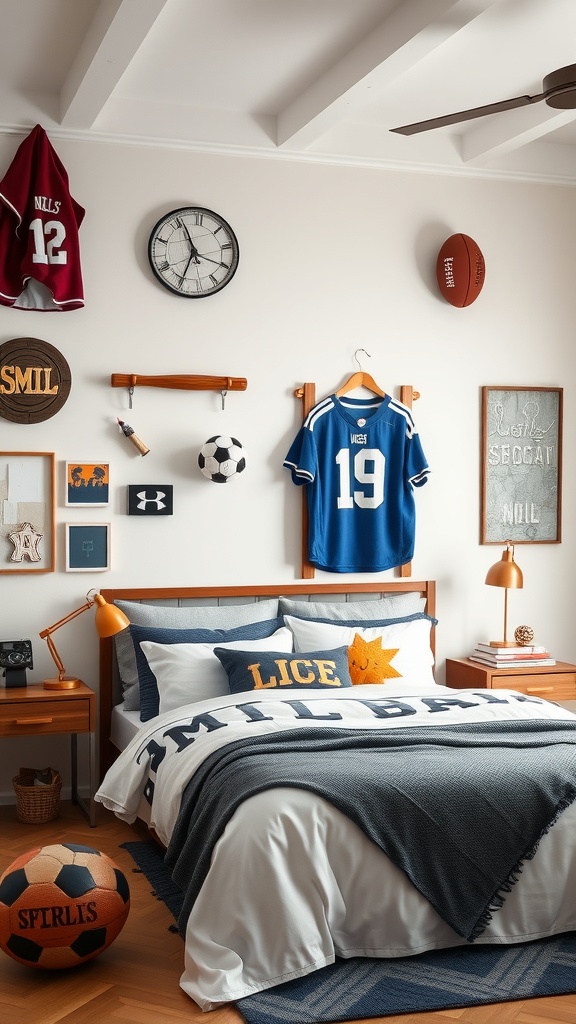 A sporty bedroom featuring jerseys, sports equipment, and a cozy bed.