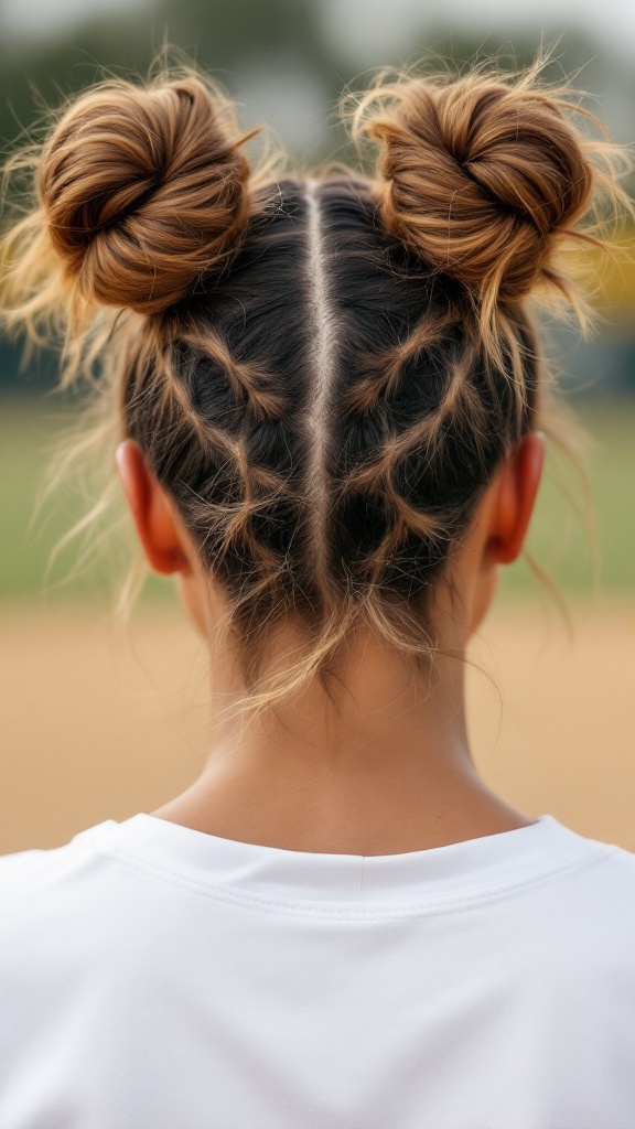 A young girl with braided space buns, seen from the back, playing softball.