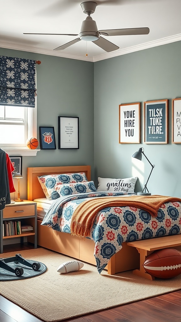 A sporty themed bedroom with blue walls, colorful bedding, sports decor, and a cozy atmosphere.