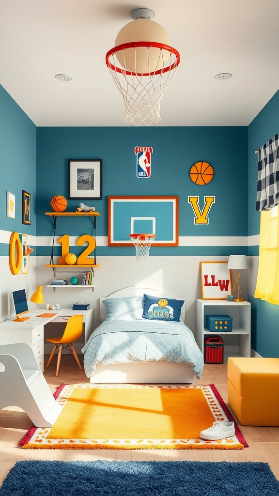 A sporty bedroom with basketball-themed decor, featuring a hoop, vibrant colors, and a cozy bed.