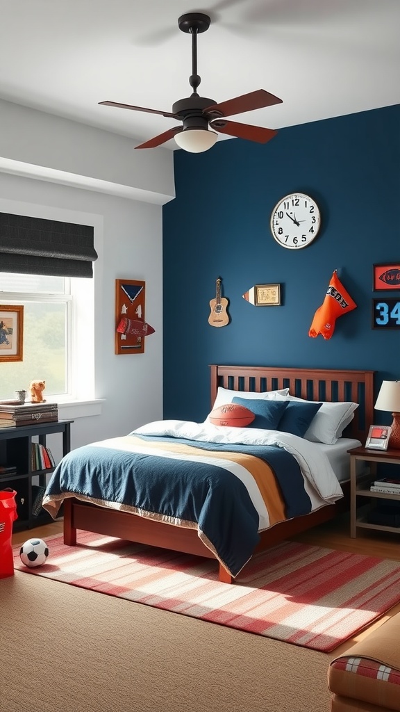 A stylish bedroom featuring sporty decor with team colors, a comfortable bed, and fun accessories.