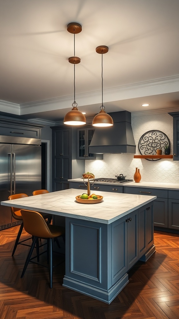 Stylish pendant lights hanging over a kitchen island with a marble countertop and dark cabinetry.