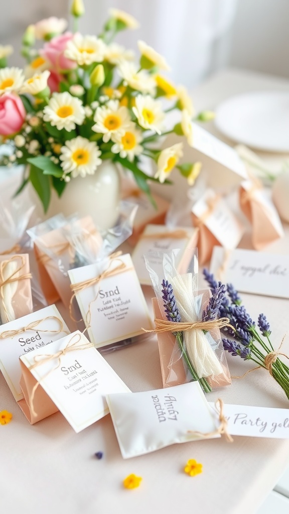 Spring-themed party favors with seed packets, lavender, and a flower bouquet