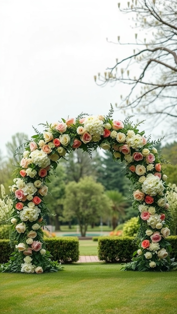 A beautiful floral arch adorned with pink roses, white hydrangeas, and greenery, set in a garden.
