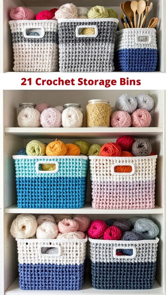 A set of colorful stackable crochet storage baskets filled with yarn and crafting supplies on shelves.