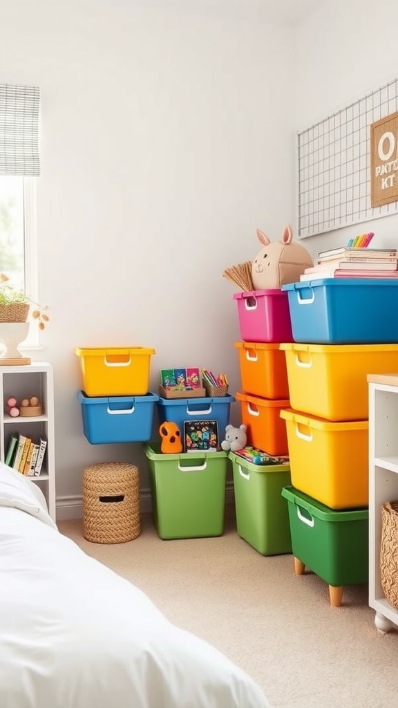 Colorful stackable storage bins for organizing toys and crafts in a bedroom.