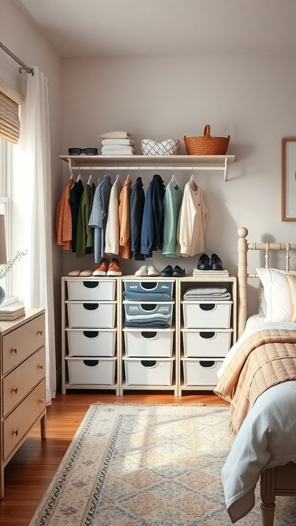 A bedroom featuring stackable storage bins, a shelf with folded towels, and a basket, showcasing organized vertical storage.