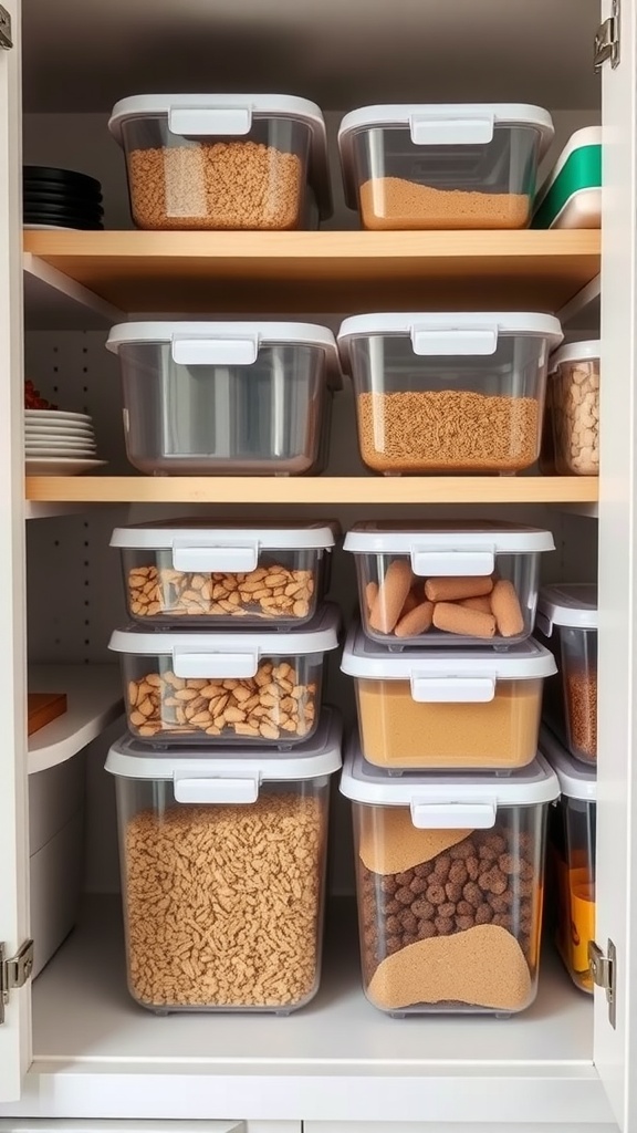 Organized stackable storage containers in a small kitchen cabinet.