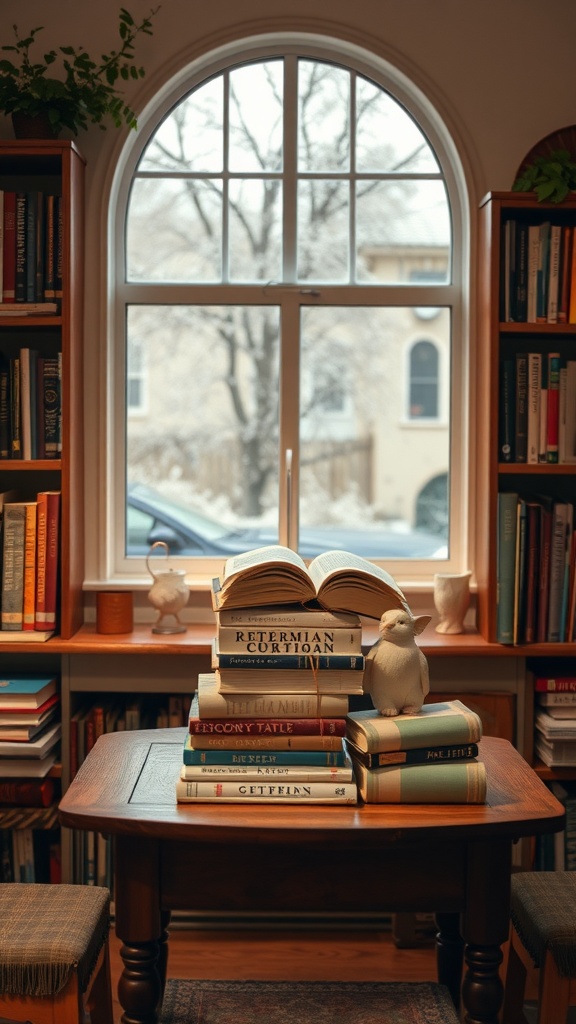 A cozy living room table made of stacked books with an open book on top and a decorative figurine.