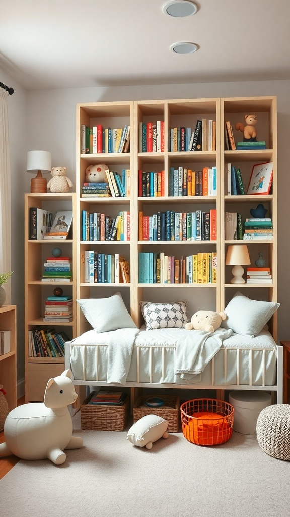 A nursery with a stacked box bookshelf filled with colorful books, a cozy reading nook, and playful decor.
