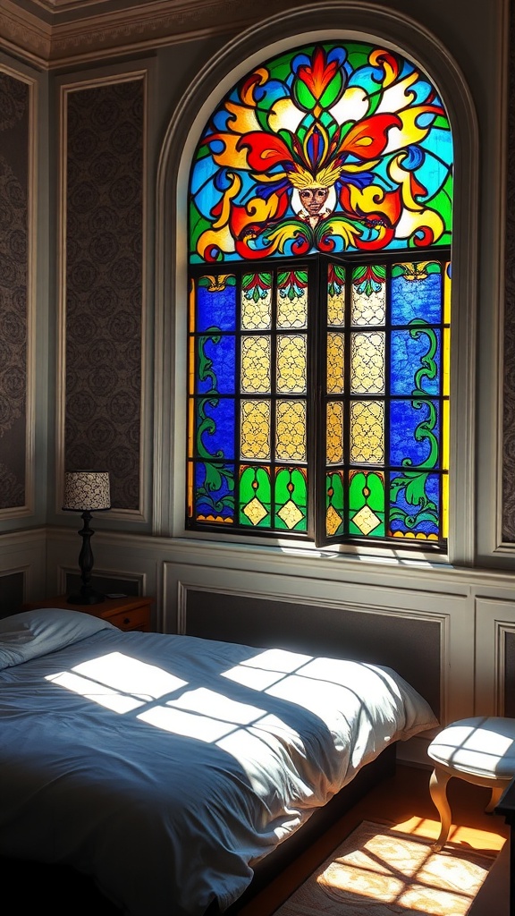 A beautifully designed stained glass window in a bedroom, casting colorful reflections onto the bed and floor.