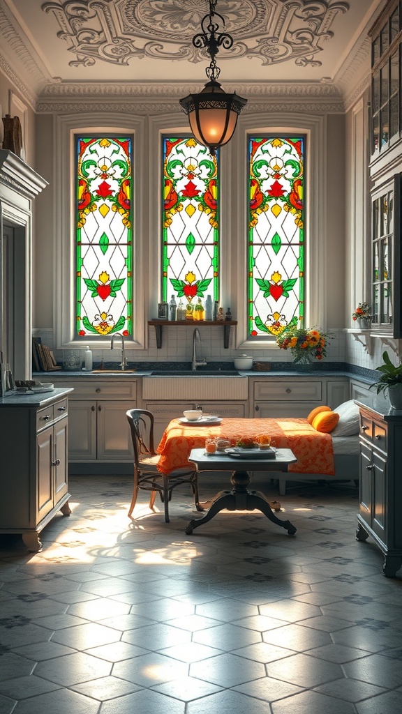 A Victorian kitchen featuring colorful stained glass windows, a wooden table, and elegant cabinetry.