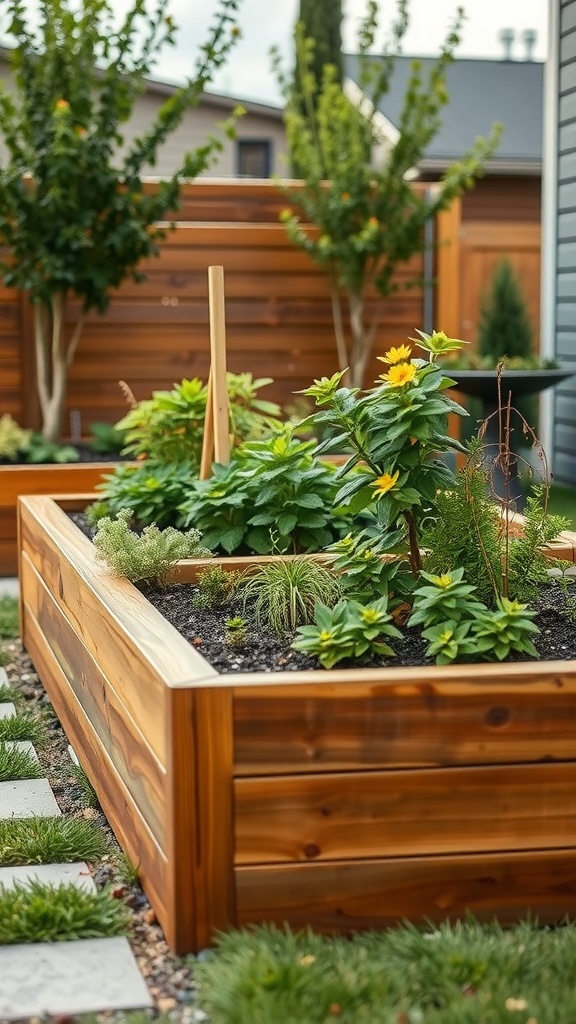 A modern stained wooden raised garden bed filled with vibrant plants.