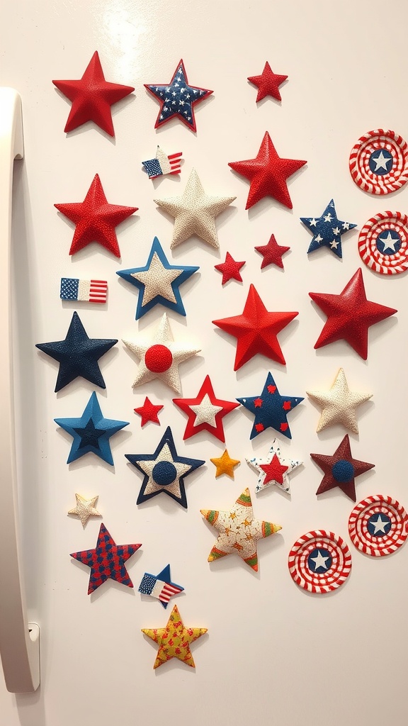 A variety of star-shaped magnets in red, white, and blue colors, displayed on a refrigerator.