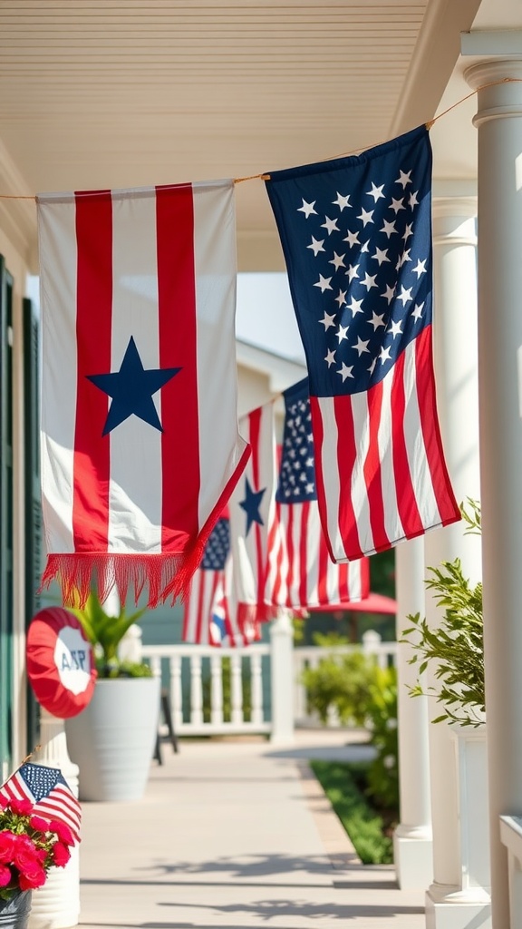 Colorful star-spangled banners hanging in a festive setting