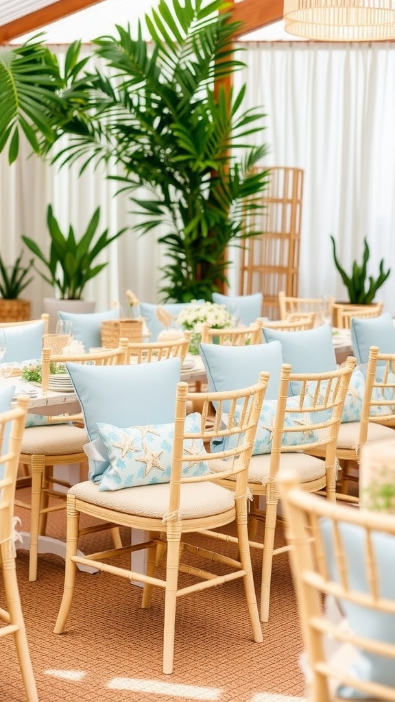 Coastal themed guest seating with starfish patterned cushions and greenery.