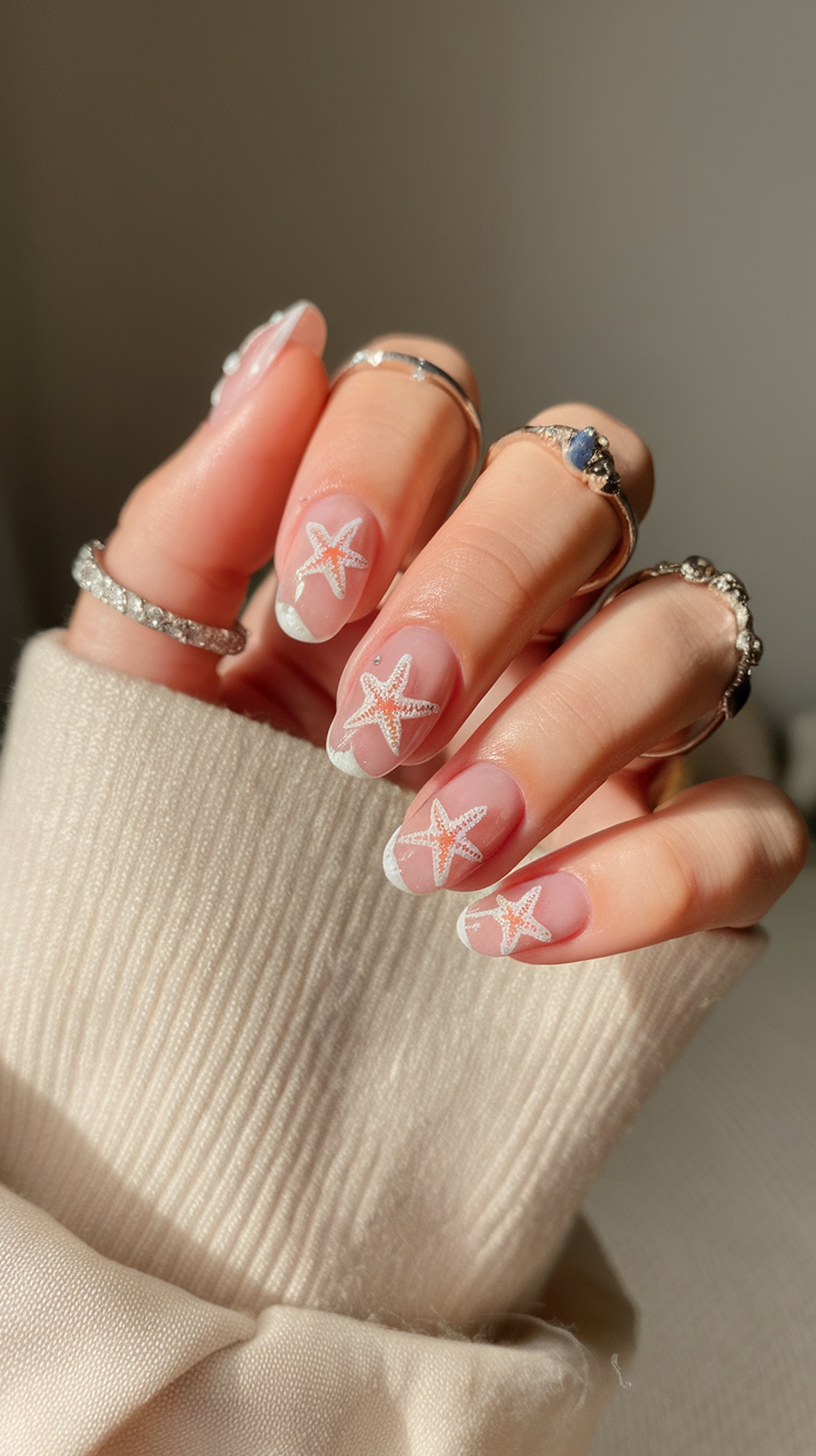Nails with starfish and seashells design on a nude background