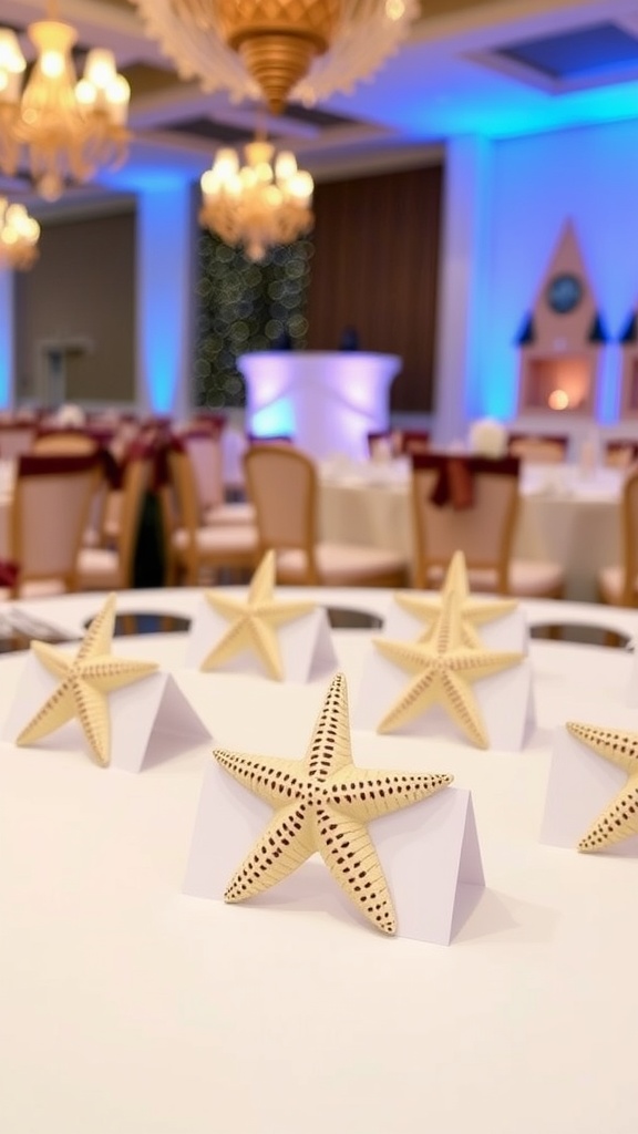 Table setting with starfish place cards at an ocean-themed baby shower.