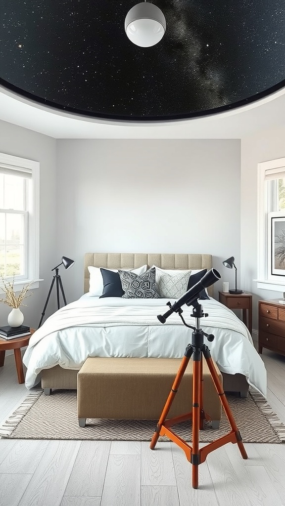 A cozy bedroom with a starry ceiling, telescope, and inviting decor.