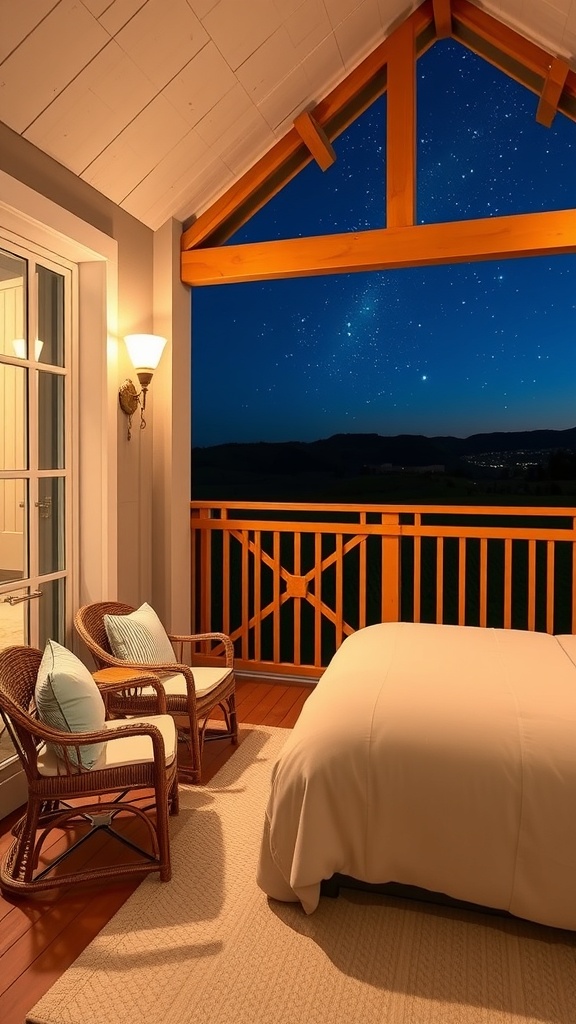 A cozy bedroom with a telescope, large windows showing a starry sky, and a view of the ocean.