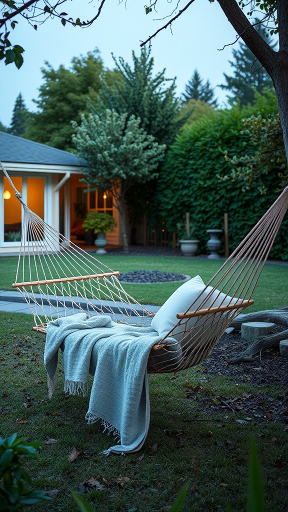 A cozy hammock setup in a backyard surrounded by greenery, perfect for stargazing.