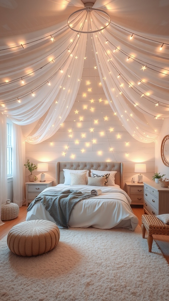 A beautifully decorated bedroom featuring a starlit canopy with drapes and fairy lights, creating a cozy and serene atmosphere.