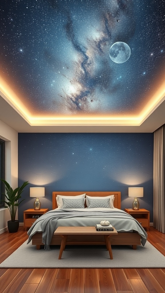 A bedroom featuring a starlit sky mural on the ceiling, with a cozy bed and warm lighting.