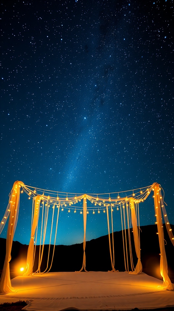 A beautiful starry night backdrop with lights and draped fabric.