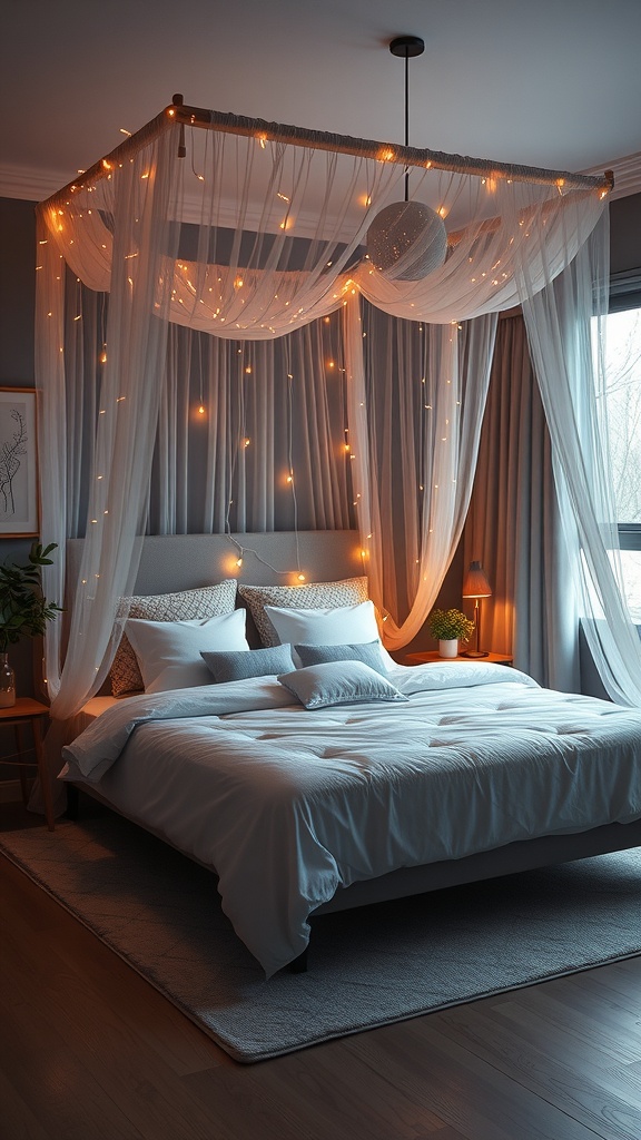 A cozy bedroom with a starry night canopy, featuring sheer fabric and fairy lights.