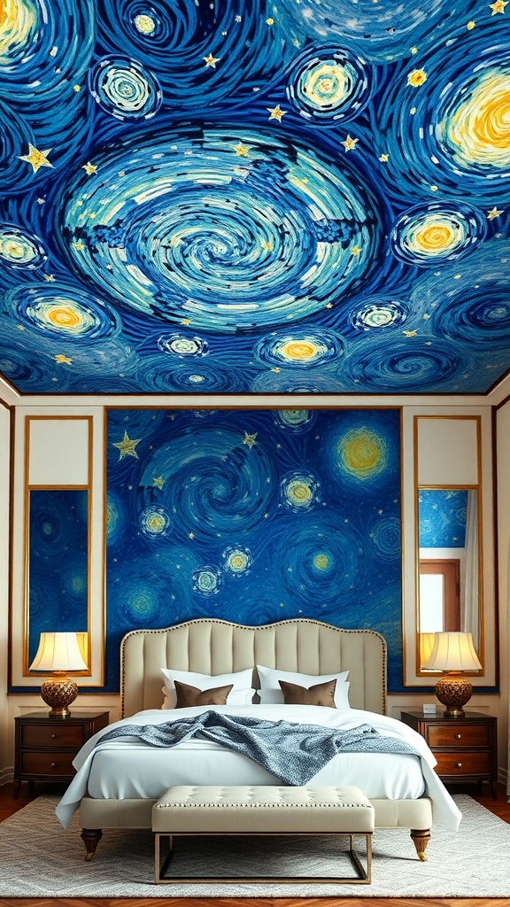 Bedroom with a painted starry night ceiling and matching wall design.