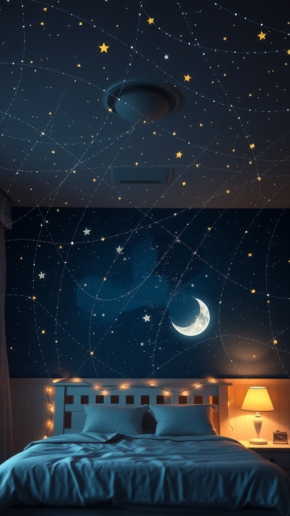 A bedroom with a starry night sky painted on the ceiling, featuring twinkling stars and a crescent moon.