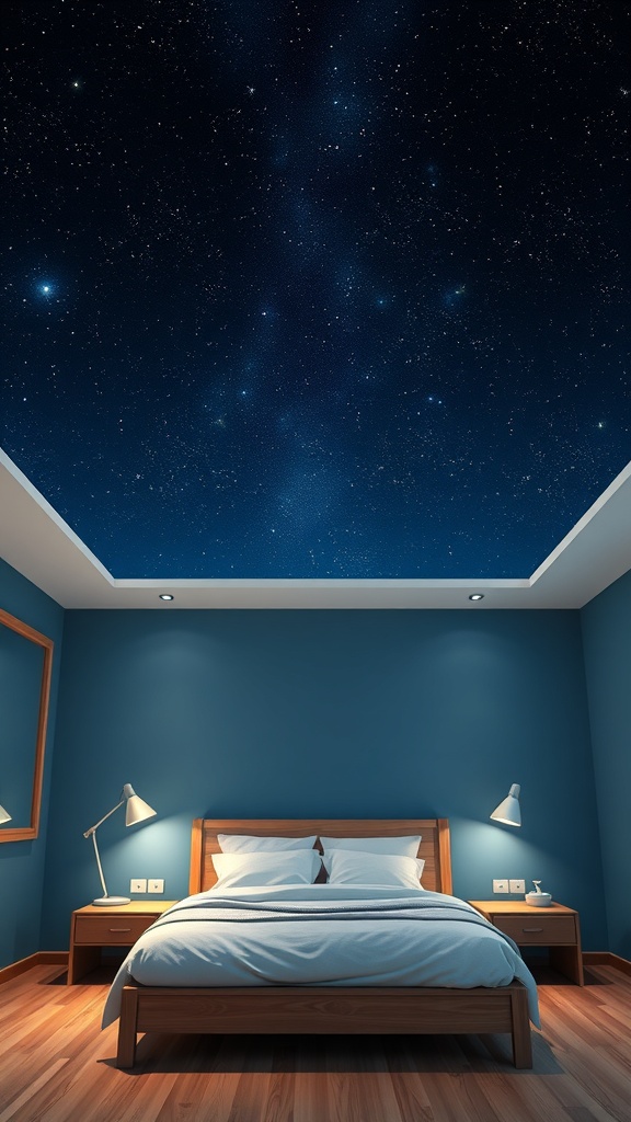 A bedroom with a starry night sky ceiling, blue walls, and wooden furniture.