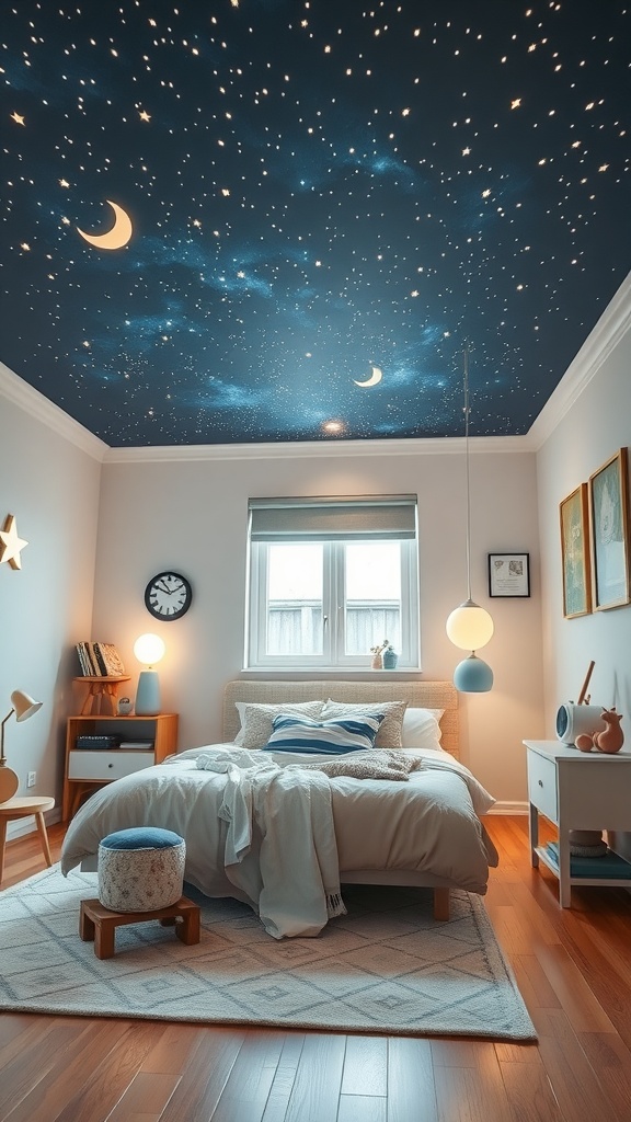 A cozy kindergarten bedroom with a dark blue ceiling painted like a night sky filled with stars and moons, featuring a comfortable bed and cheerful decor.