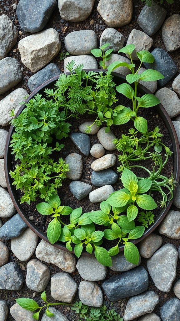 A circular herb spiral featuring various herbs surrounded by stones.