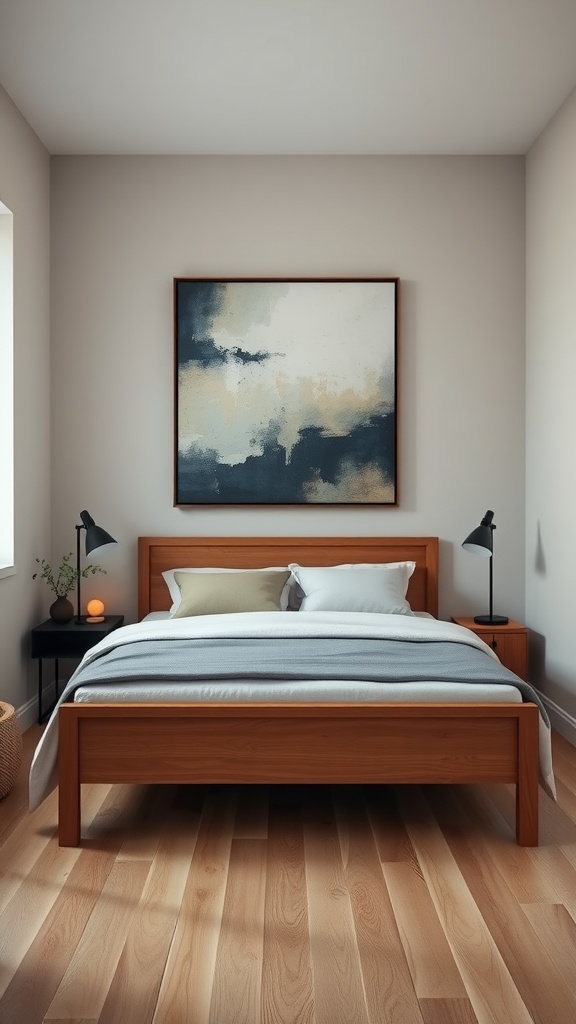 A masculine small bedroom featuring a large piece of abstract artwork above a wooden bed.