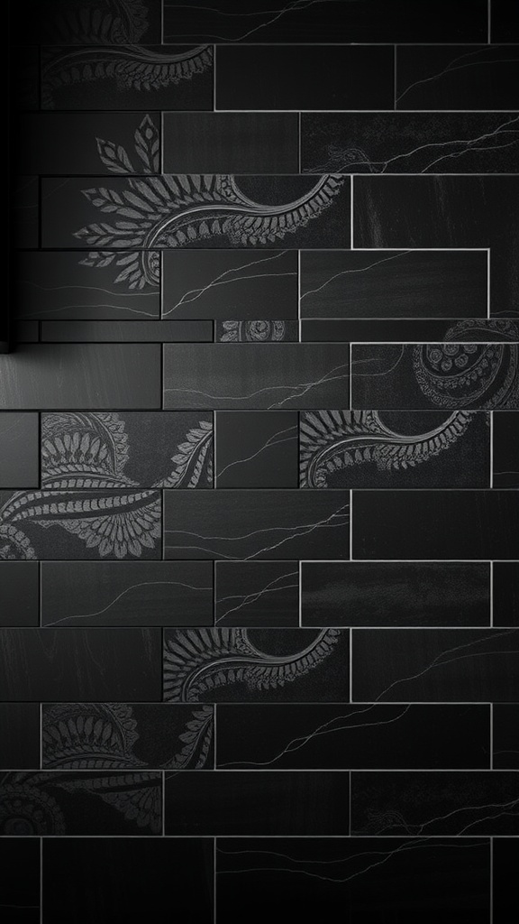 A moody black kitchen backsplash featuring intricate floral patterns.