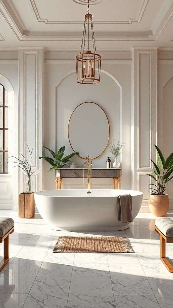 A luxurious modern bathroom featuring a freestanding bathtub, elegant decor, and natural light.