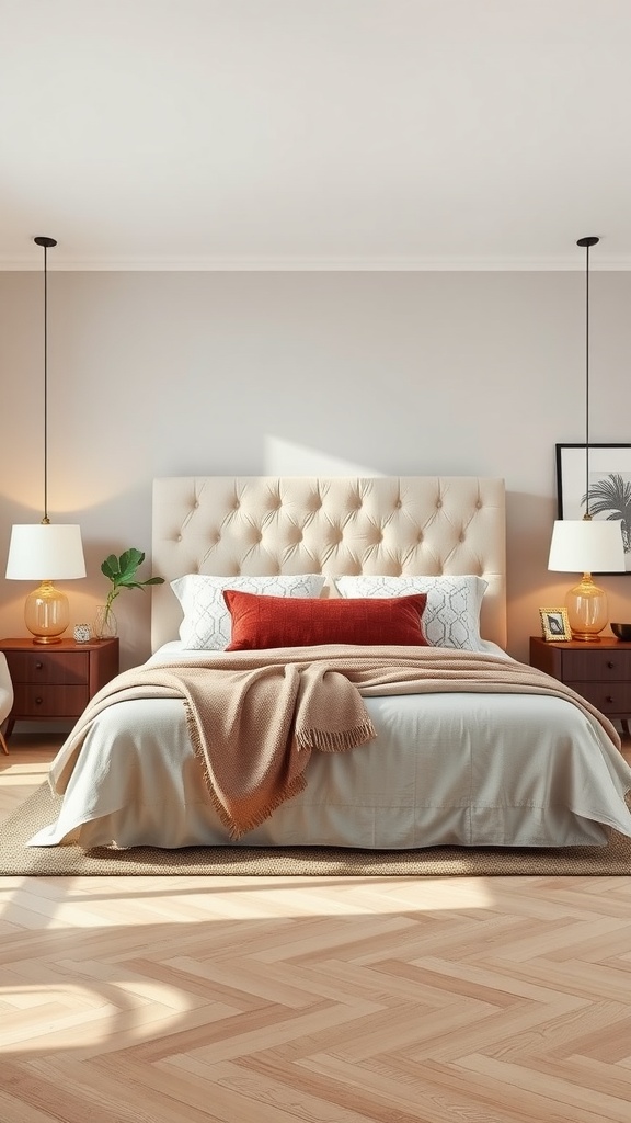 A cozy bedroom featuring a tufted beige headboard, light bedding, and warm wooden accents.