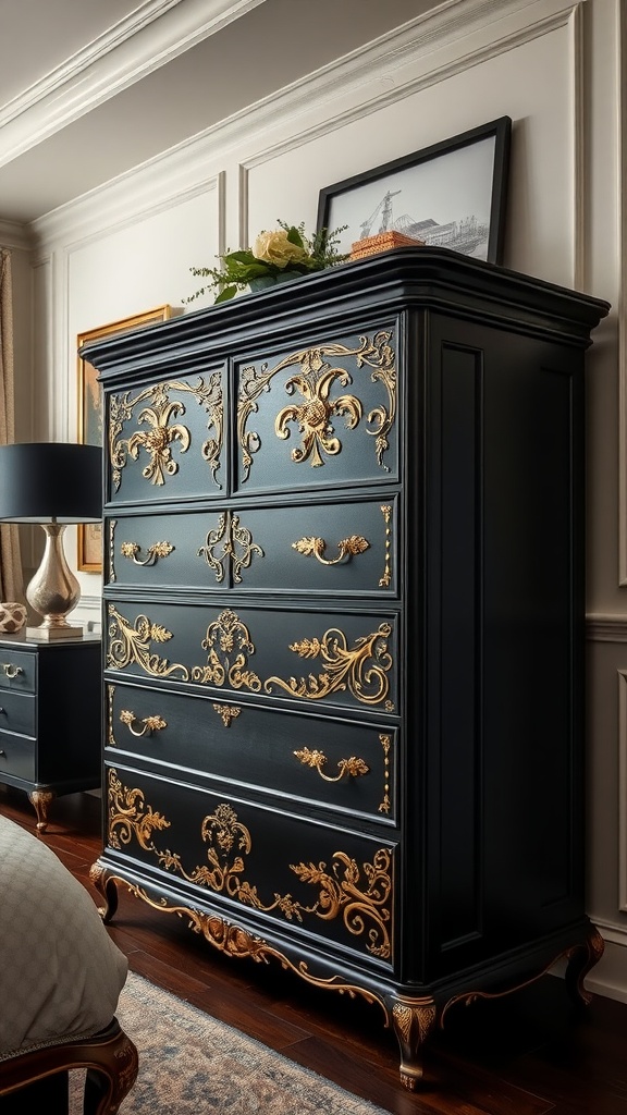 A luxurious black chest of drawers with gold accents in a stylish bedroom.